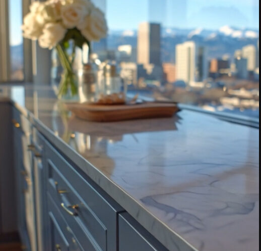 Blue kitchen with marble countertop, a vase of white roses, and a cutting board with bread, view of a city skyline through the window (blurred).Curved perspective highlights the vase and bread against an urban backdrop.Blue cabinetry, marble counter, bouquet of white roses, and bread on a board with a cityscape beyond the window.Soft-focused kitchen scene: white rose bouquet, bread on a board, and blue cabinets with a city view outside.Marble countertop and blue drawers in the foreground, white rose arrangement, bread on a board, city skyline in the background.