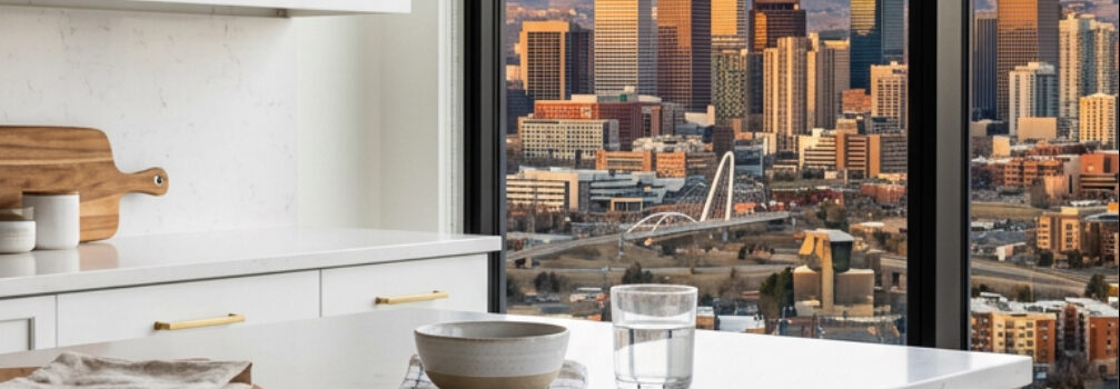 Modern kitchen with white upper cabinets and a blue island, overlooking a city skyline and distant mountains through a large window at sunset.