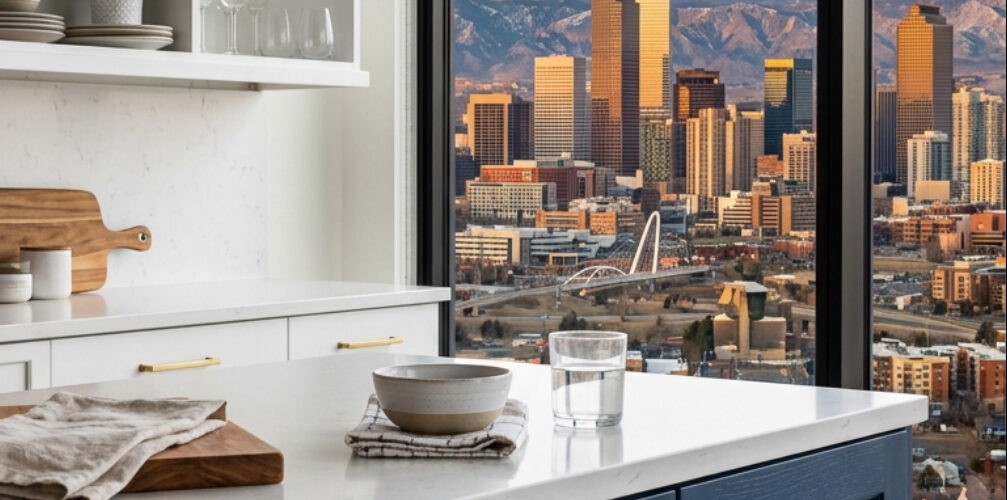 Modern kitchen with white upper cabinets and a blue island, overlooking a city skyline and distant mountains through a large window at sunset.