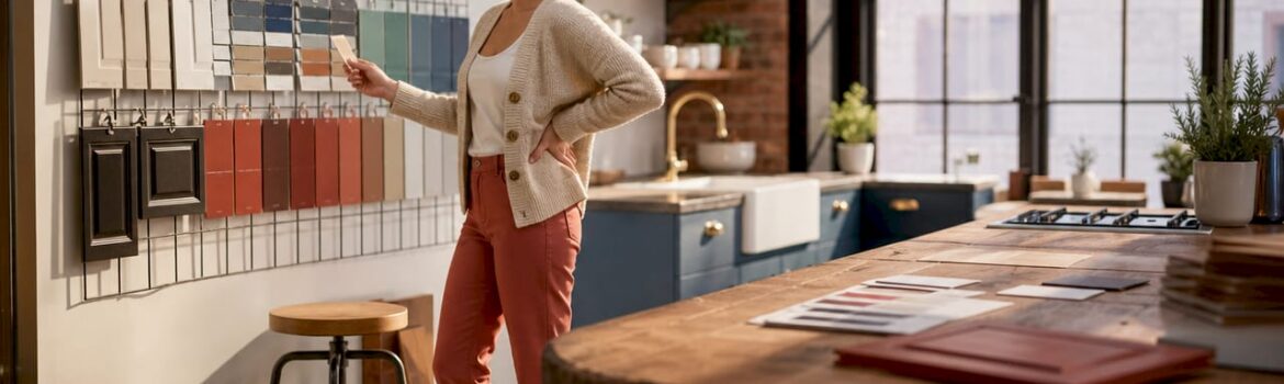 Woman evaluating kitchen cabinet colors