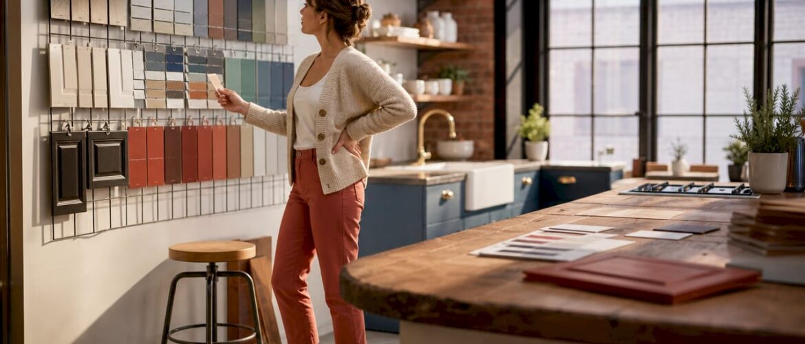Woman evaluating kitchen cabinet colors