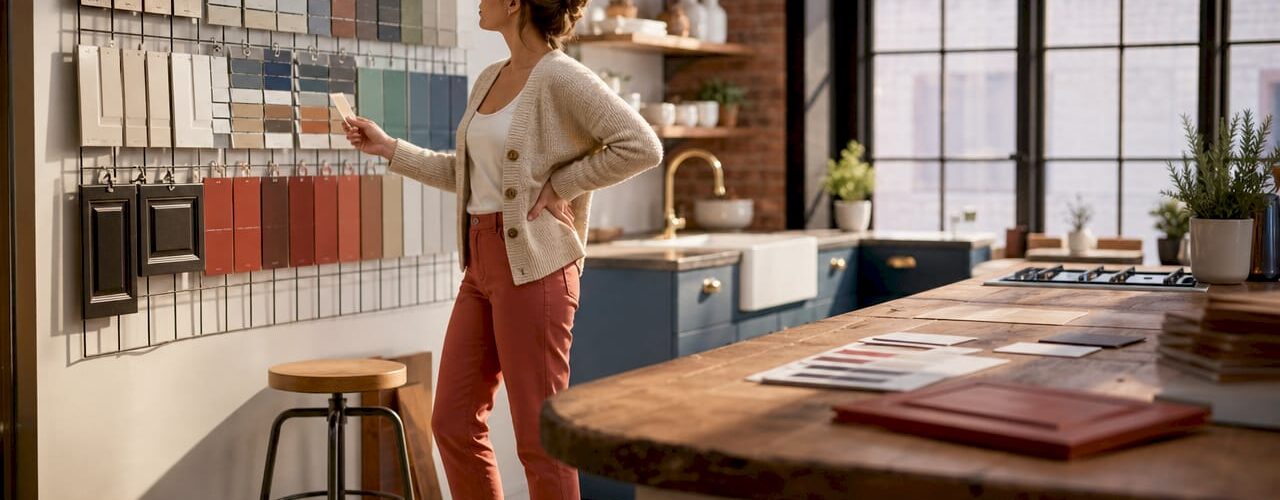 Woman evaluating kitchen cabinet colors