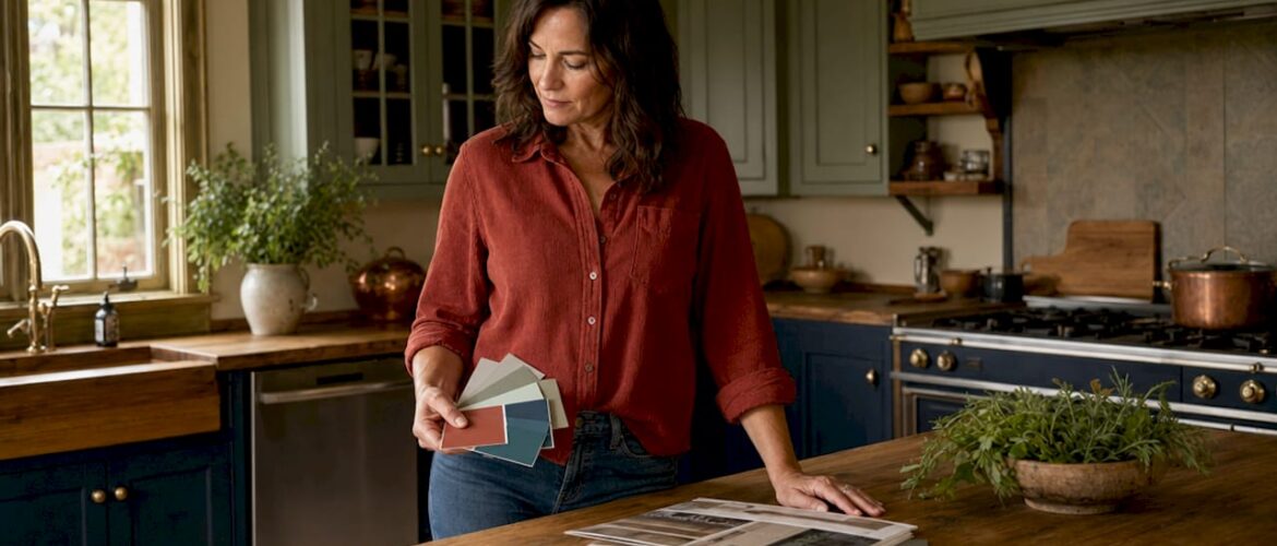 Woman choosing kitchen cabinet colors in bright kitchen