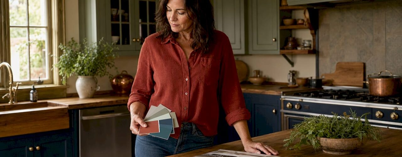 Woman choosing kitchen cabinet colors in bright kitchen