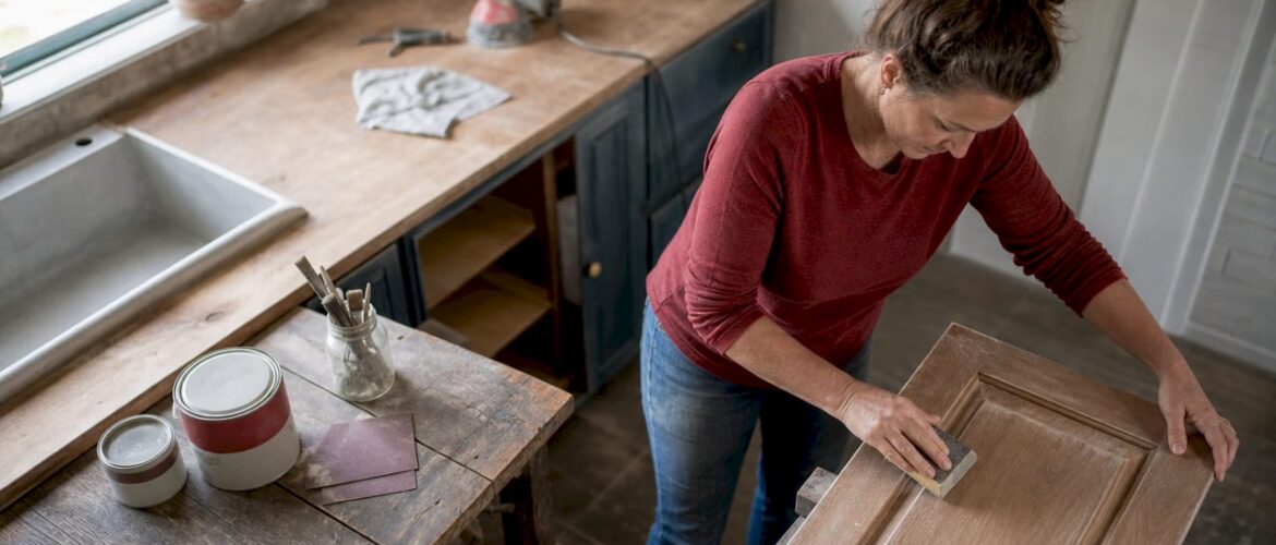 Woman sanding kitchen cabinet door indoors