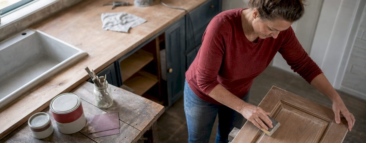 Woman sanding kitchen cabinet door indoors