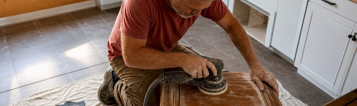 Man sanding wooden kitchen cabinet surface