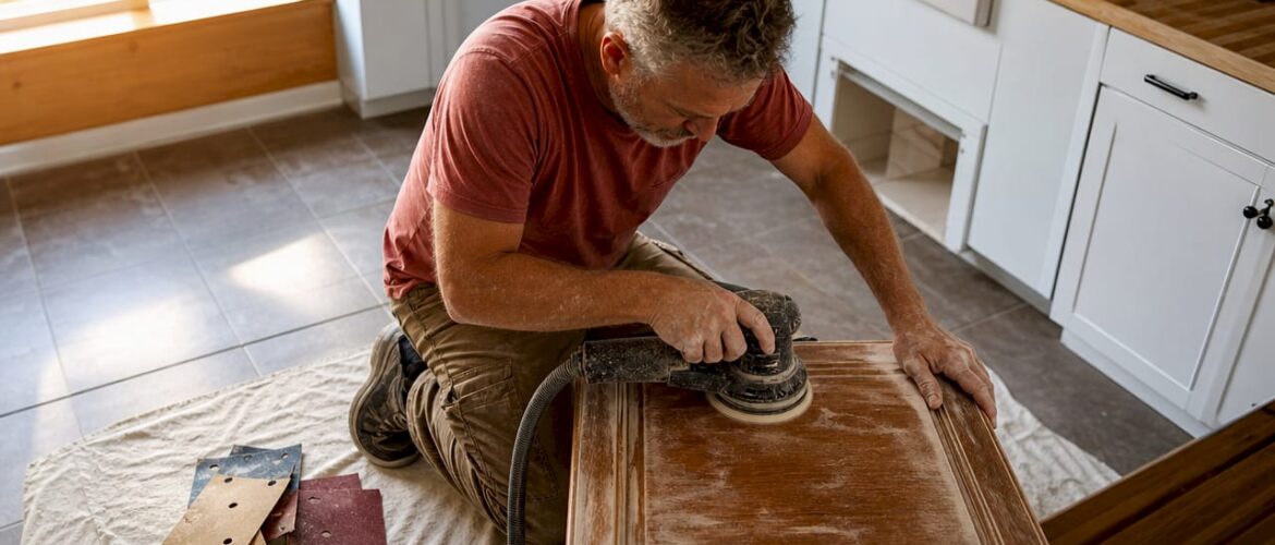 Man sanding wooden kitchen cabinet surface