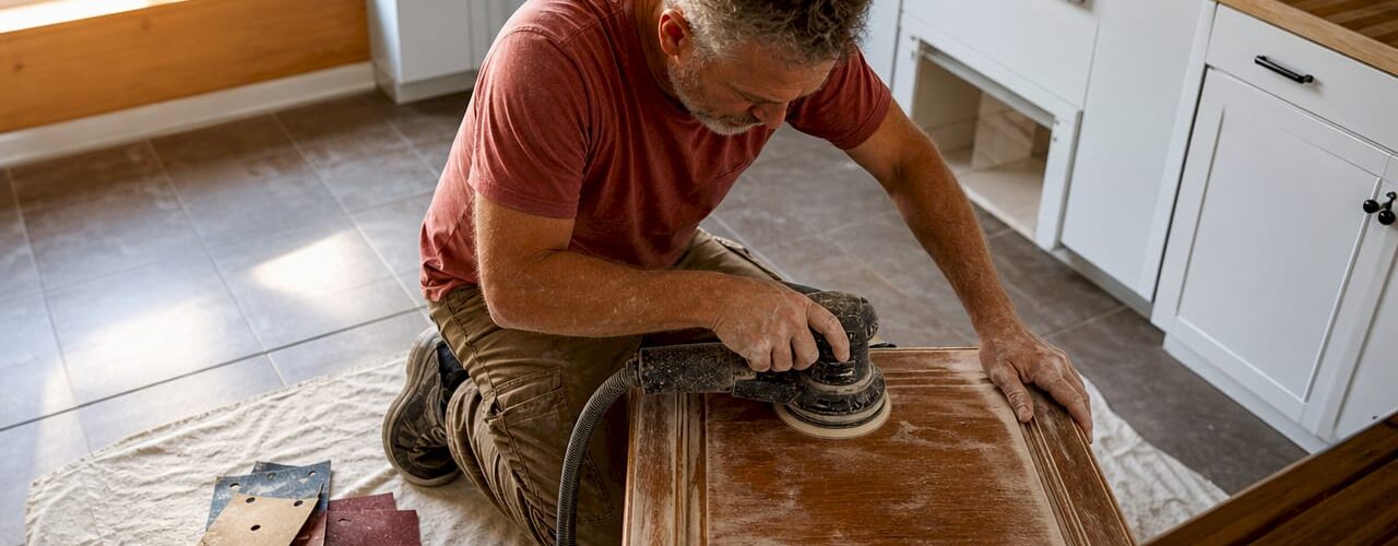 Man sanding wooden kitchen cabinet surface