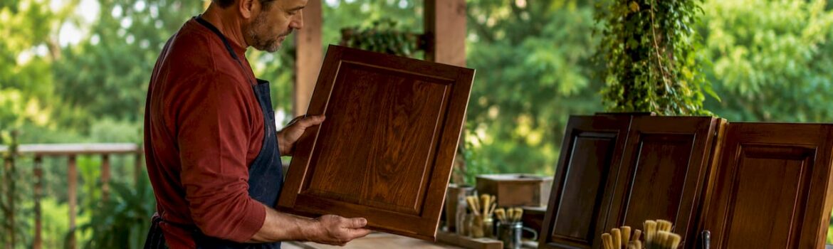 Craftsman inspecting stained wooden cabinet door