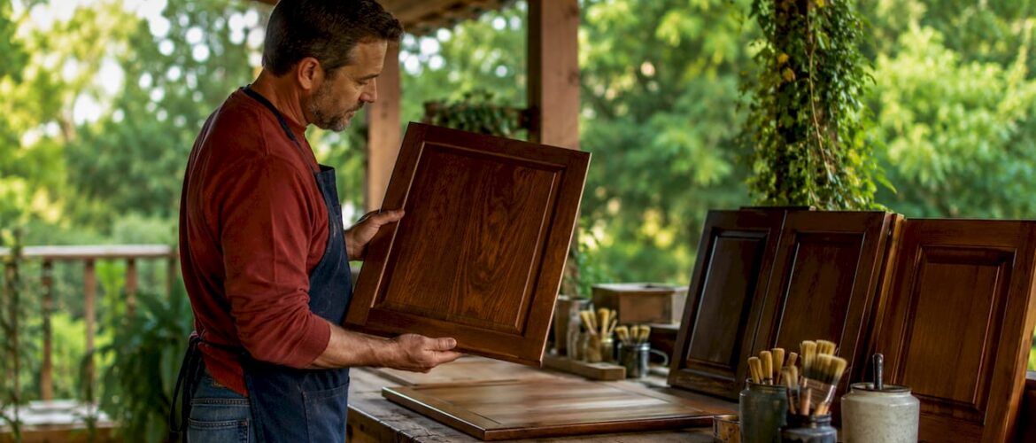 Craftsman inspecting stained wooden cabinet door