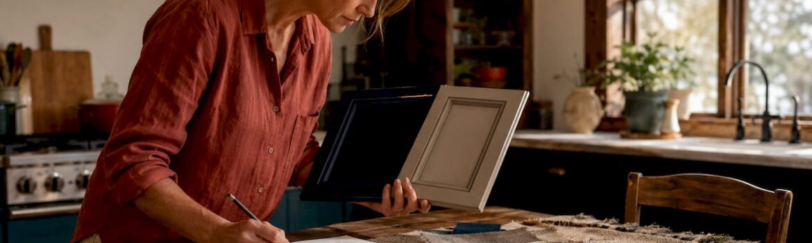 Designer comparing cabinet color samples in kitchen