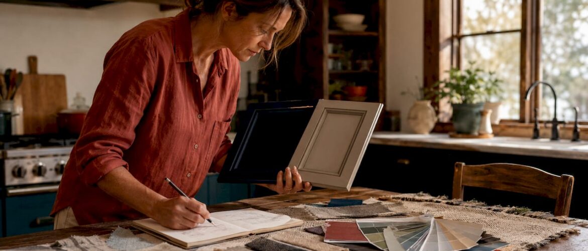 Designer comparing cabinet color samples in kitchen