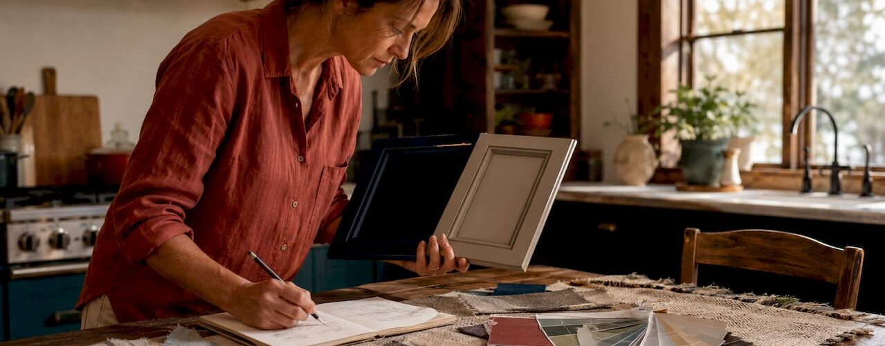 Designer comparing cabinet color samples in kitchen