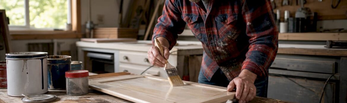 Person priming kitchen cabinet door for bonding