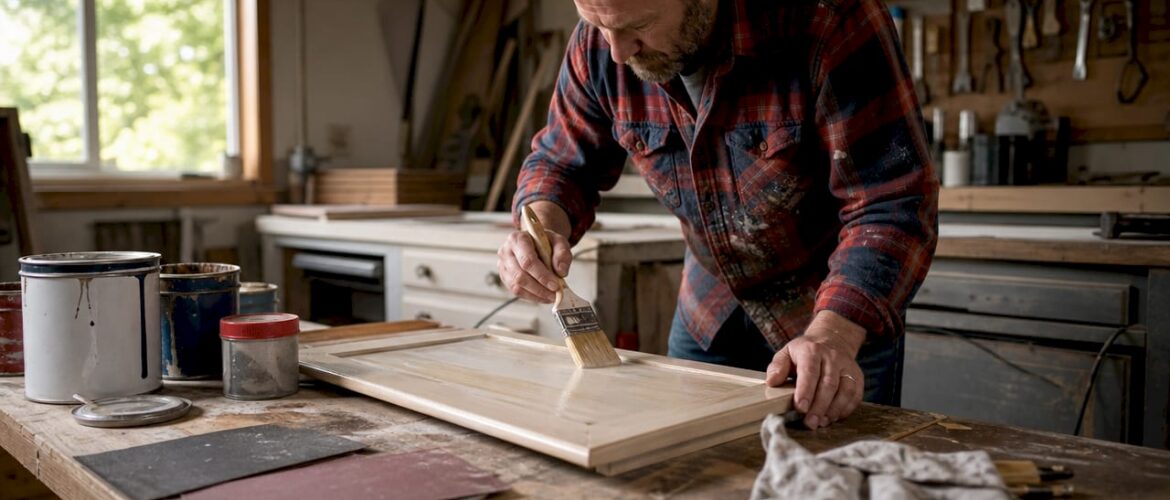 Person priming kitchen cabinet door for bonding