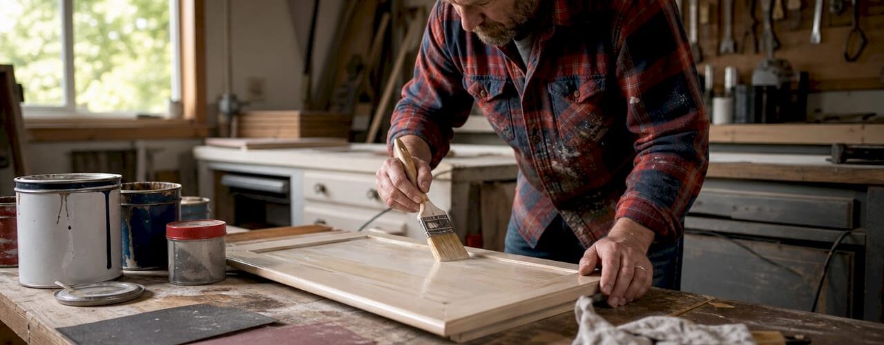 Person priming kitchen cabinet door for bonding