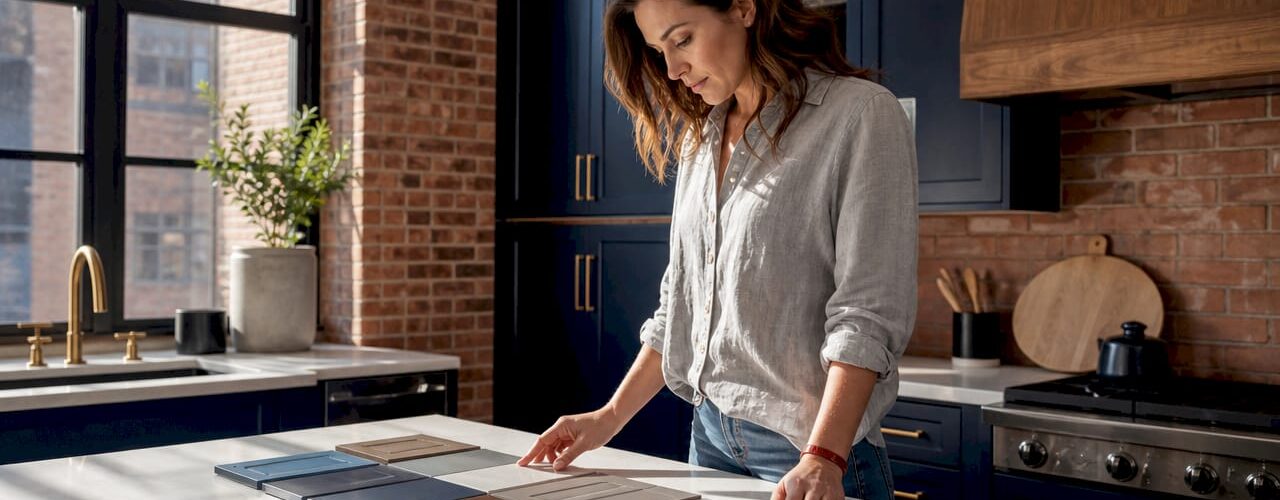 Designer comparing kitchen cabinet colors in showroom