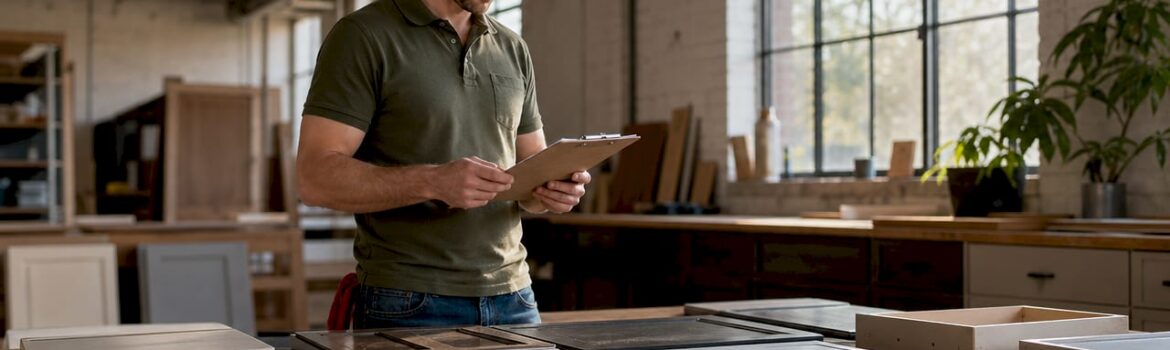 Professional inspecting labeled cabinet pieces in kitchen