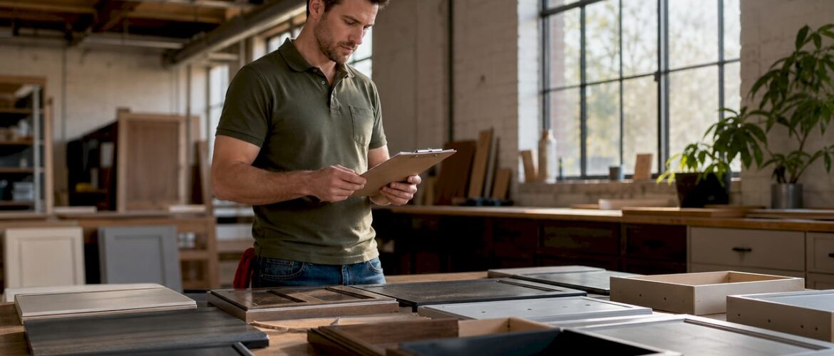 Professional inspecting labeled cabinet pieces in kitchen