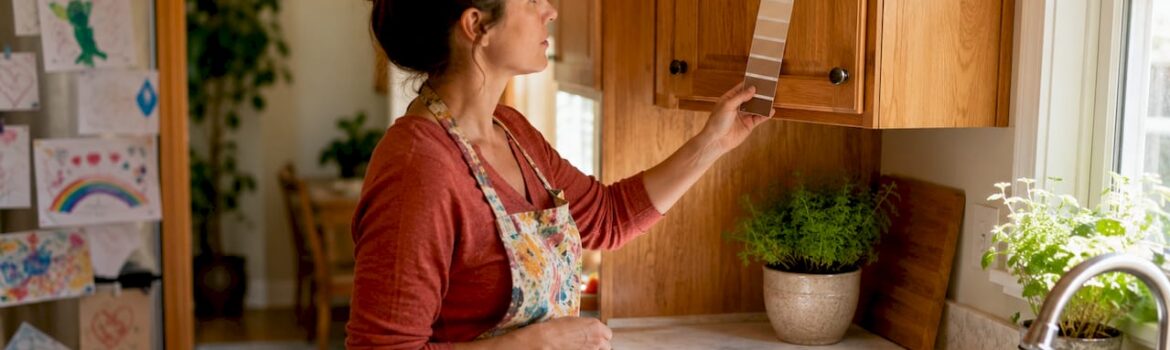 Mother comparing cabinet paint in kitchen