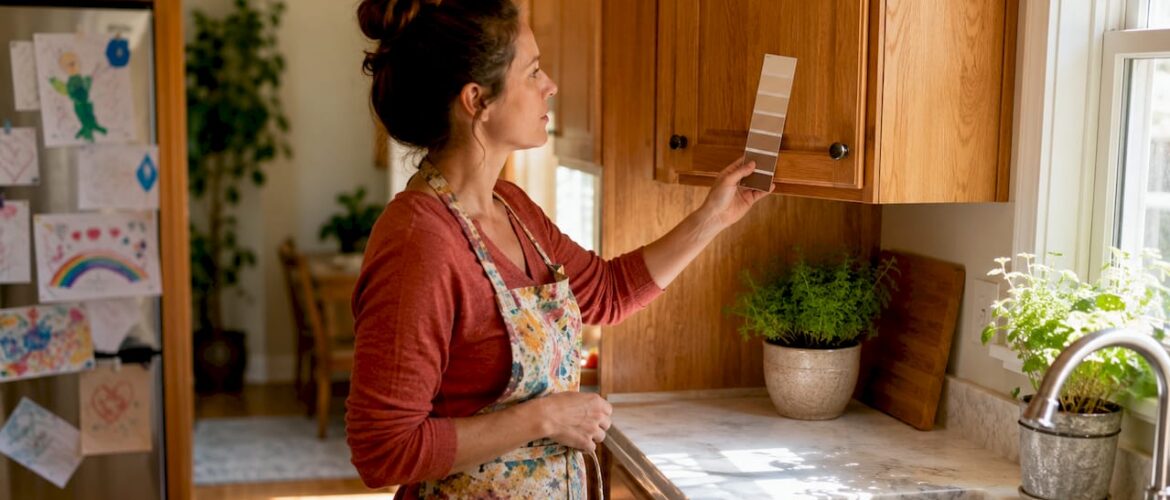 Mother comparing cabinet paint in kitchen