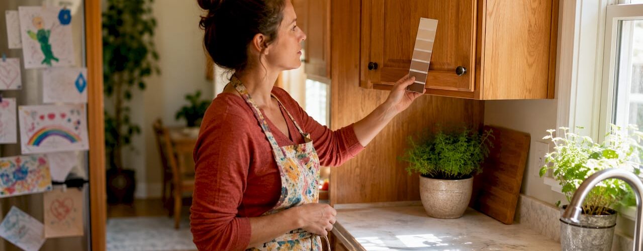 Mother comparing cabinet paint in kitchen