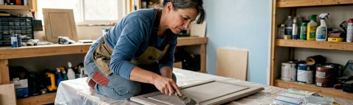 Woman preparing kitchen cabinets for refinishing