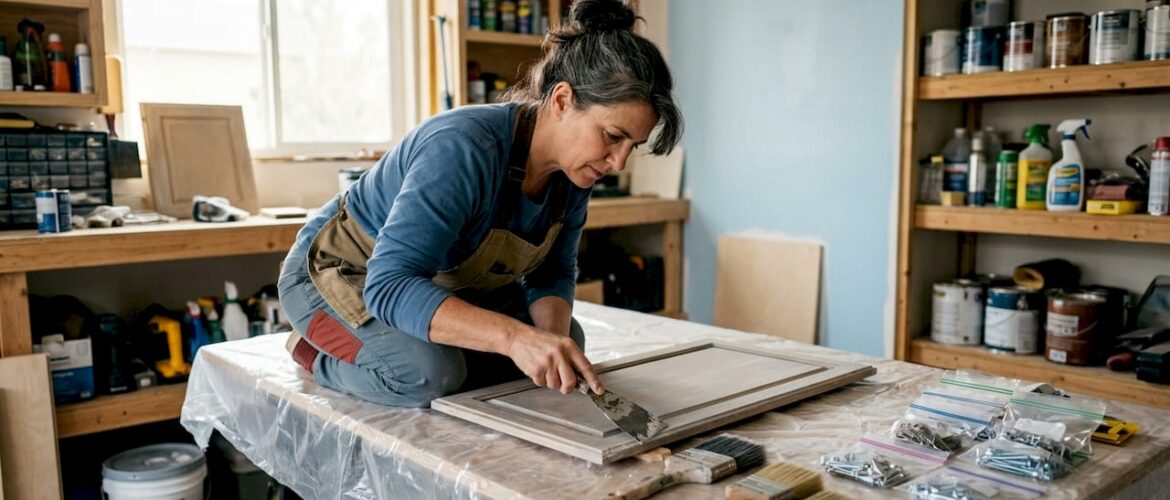 Woman preparing kitchen cabinets for refinishing