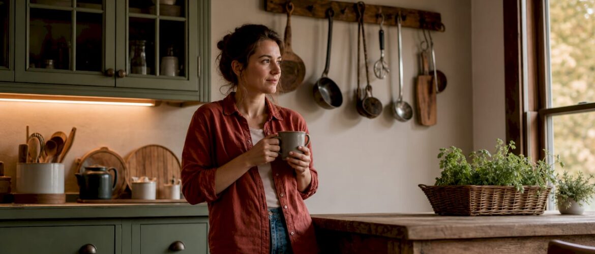 Woman standing in kitchen with green cabinets