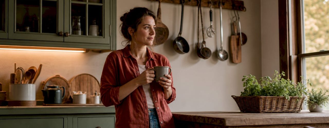 Woman standing in kitchen with green cabinets