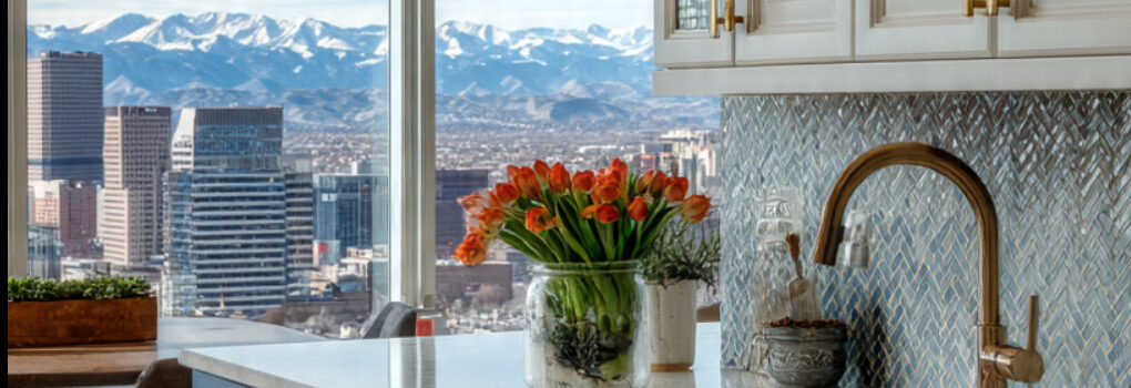 Modern kitchen with blue base cabinets, white uppers, marble countertop, copper faucet, and a city skyline visible through large windows.