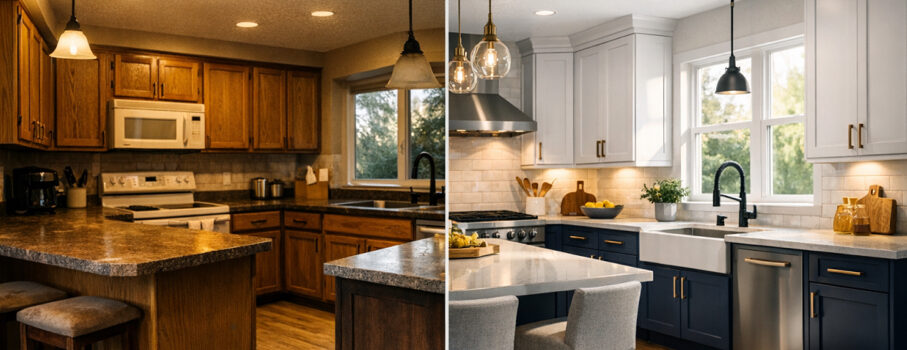Cabinet transformation with cabinet refinishing