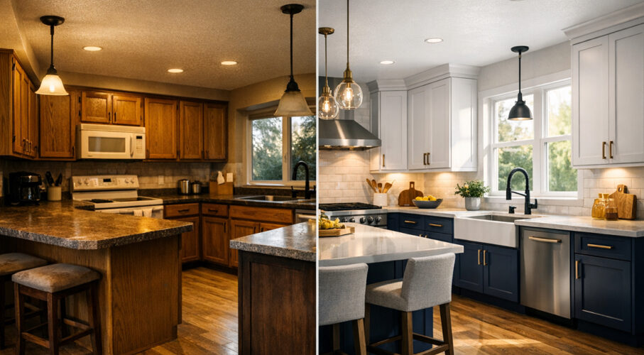 Cabinet transformation with cabinet refinishing