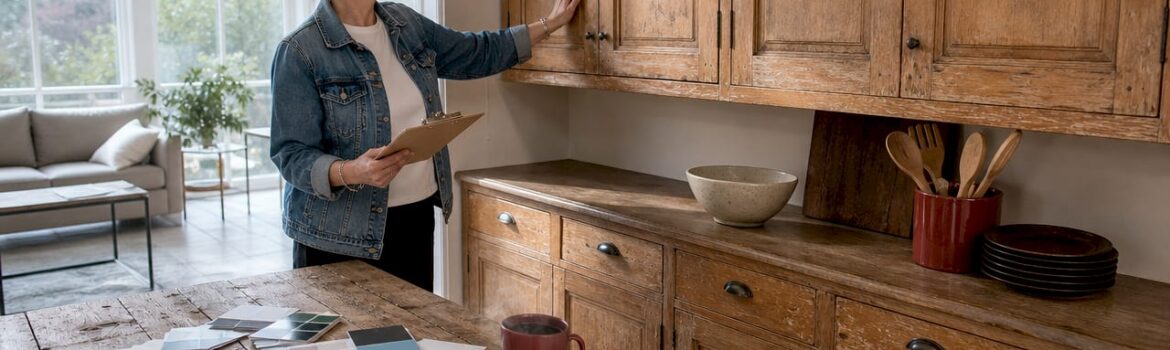Interior designer examining outdated kitchen cabinets
