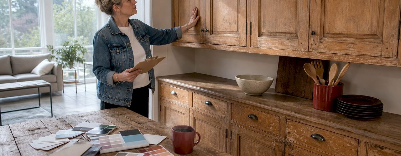 Interior designer examining outdated kitchen cabinets