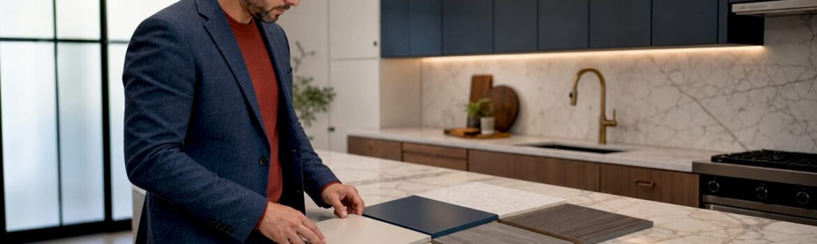 Designer arranging cabinet and countertop samples