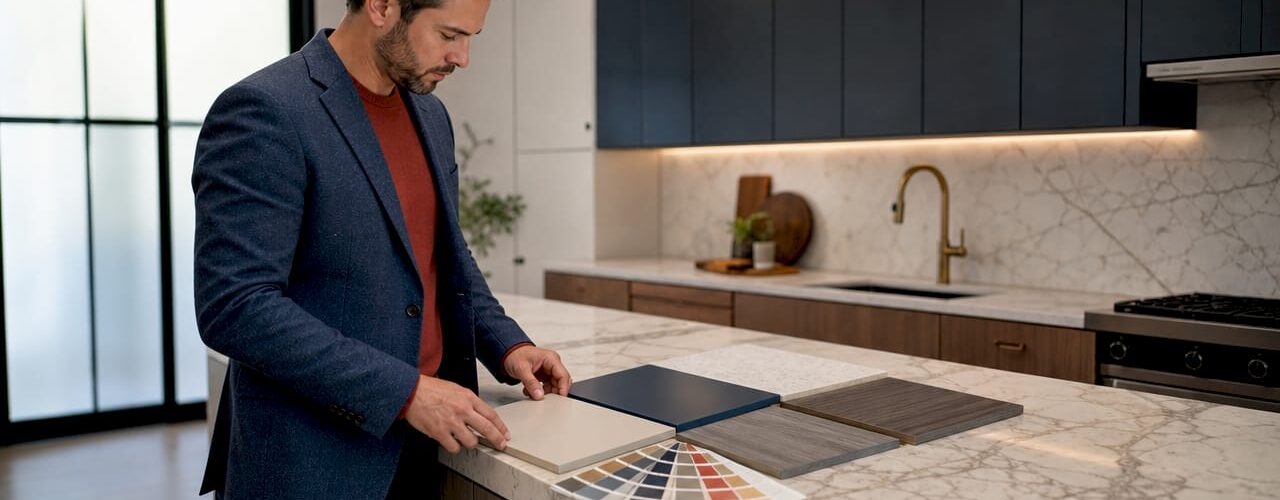 Designer arranging cabinet and countertop samples