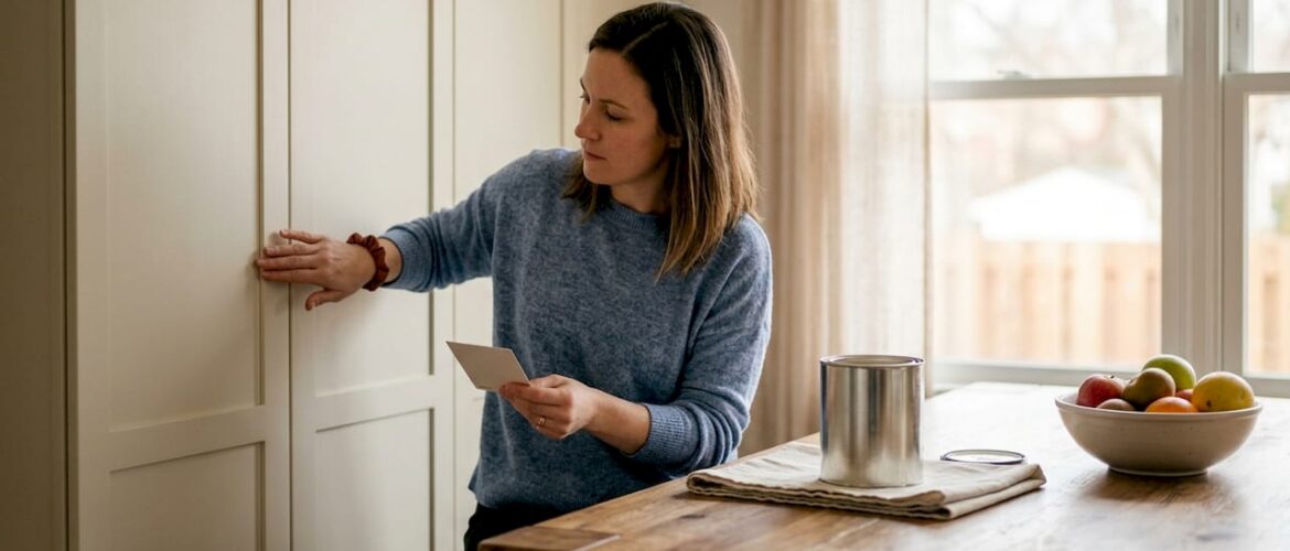 Homeowner inspecting matte finish kitchen cabinets
