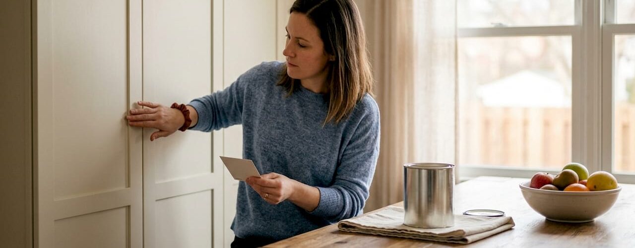 Homeowner inspecting matte finish kitchen cabinets
