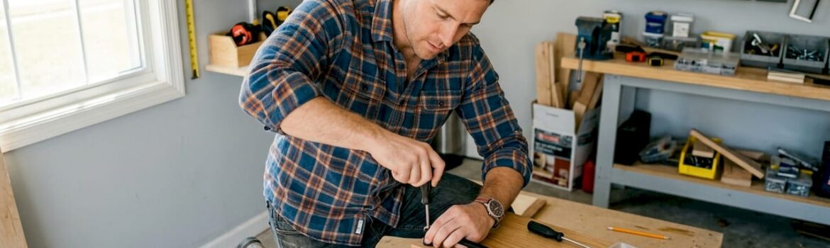 Man removing cabinet hardware with screwdriver
