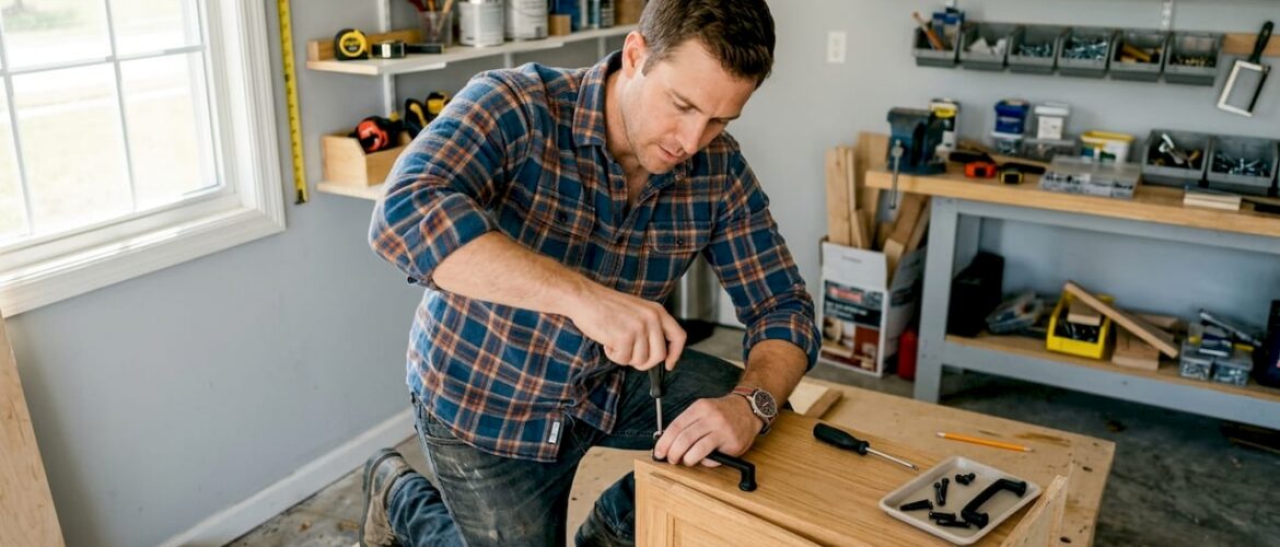 Man removing cabinet hardware with screwdriver