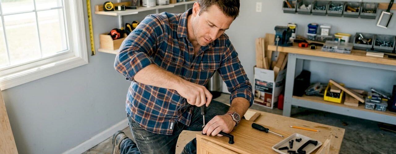 Man removing cabinet hardware with screwdriver