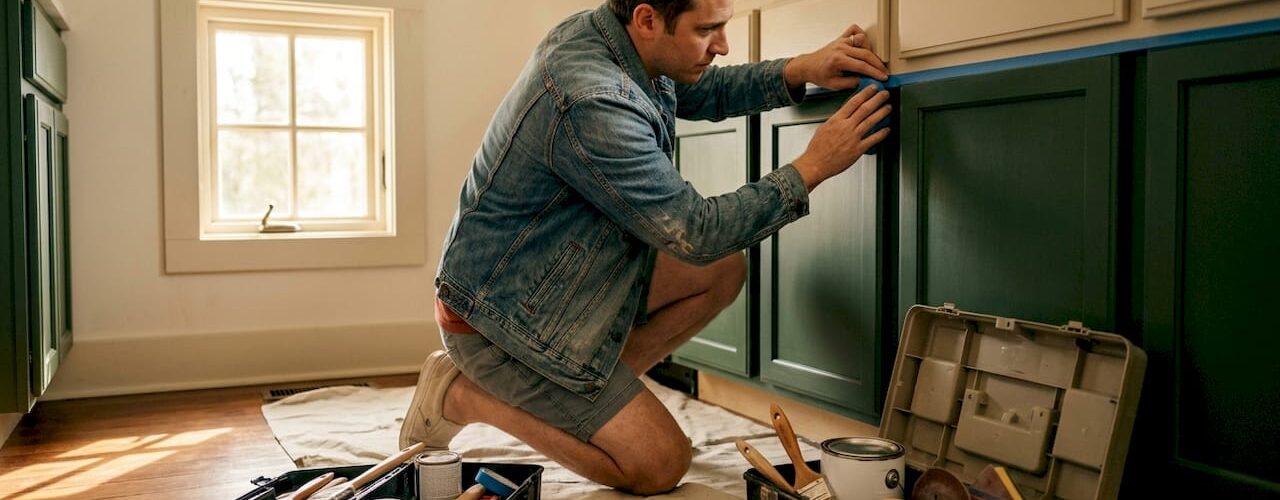 Person taping two-tone kitchen cabinets for refinishing