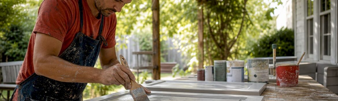 Professional applying finish to kitchen cabinets