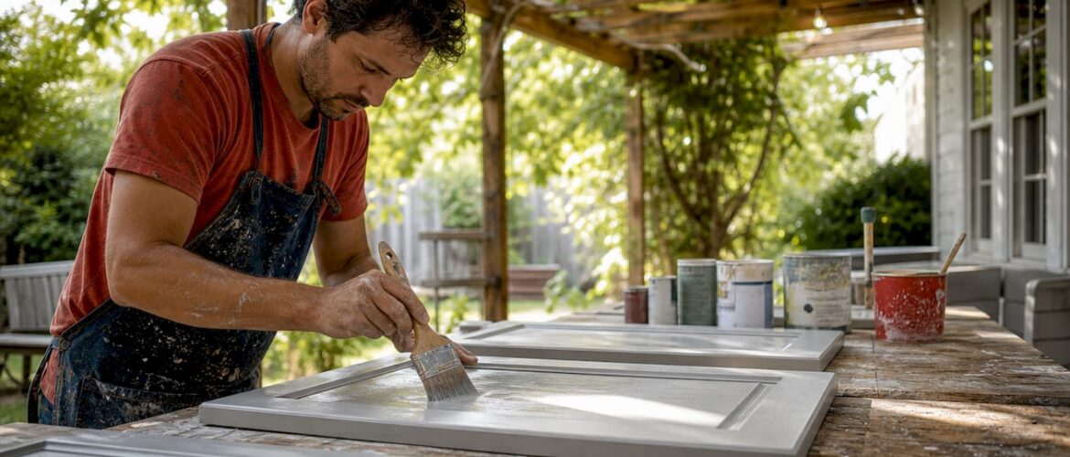 Professional applying finish to kitchen cabinets