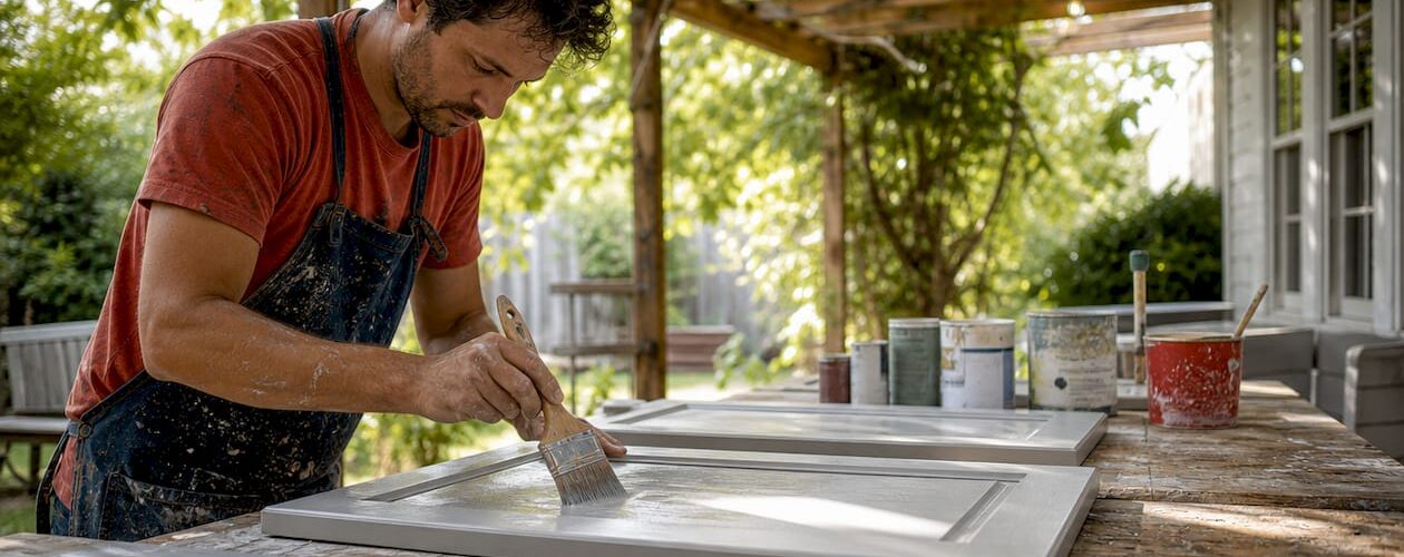 Professional applying finish to kitchen cabinets