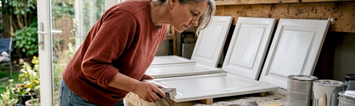 Homeowner inspecting kitchen cabinet door preparation