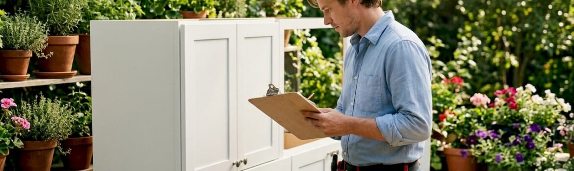 Installer inspecting rental kitchen cabinets