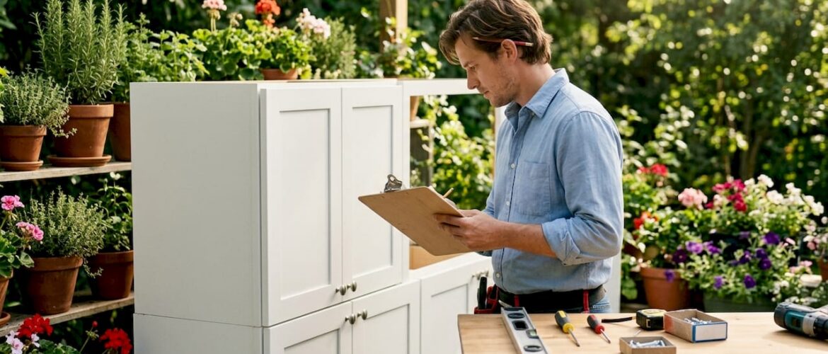 Installer inspecting rental kitchen cabinets